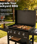 Premium Steel Hinge And Handle Kit Converts Removable Lids To Flip Up Covers Compatible With 28 36 44 Inch Outdoor Griddles grilling chicken and burgers outdoors.