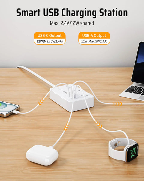 Heavy Hitter Power Strip Surge Protector With Six Wide Spread Outlet Plugs And Four Fast Charge USB Ports Including Dual Type C Inputs charging multiple devices on a wooden desk.