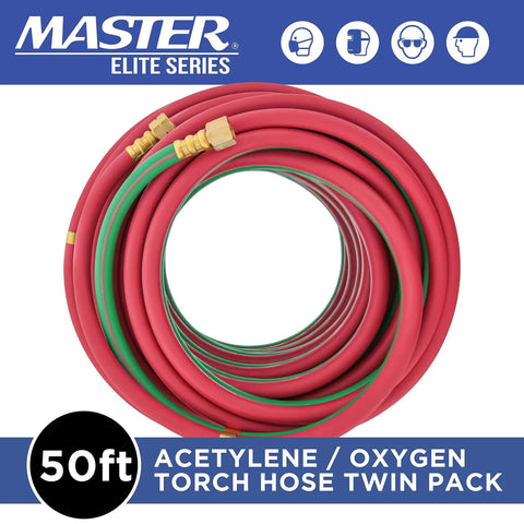 50 Foot Oxygen And Acetylene Welding Hose Set With Twin One Quarter Inch B Fittings Eighteen Threads Per Inch Color Coded Green Oxygen And Red Acetylene Hoses For Safe Gas Flow And Metal Cutting And Reliable Performance