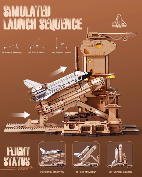 3D Space Shuttle Wooden Puzzle For Adults With Lighted Launch Pad displaying simulated launch motion, dynamic rocket model kit.