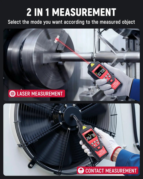 All-In-One Dual Mode Laser And Contact Tachometer With Rechargeable Battery Pro-Grade Photo Sensor RPM Meter Ranges 10 To 99999 And 1 To 19999 Backlit Display Hold Max Min Avg Hi Low Alarm on spinning shaft and fan