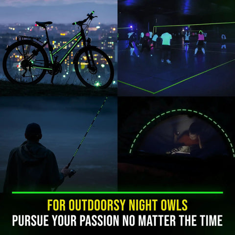 Glow In The Dark Tape That Lights Up Your Night All Night Long 15 Ft Long Rechargeable Reflective Glow Tape For Stairs Exit Signs Home Marking Halloween And Christmas Decor Indoor Outdoor Safety shown on bike, sports court, fishing rod, and tent. Night visibility scenes.