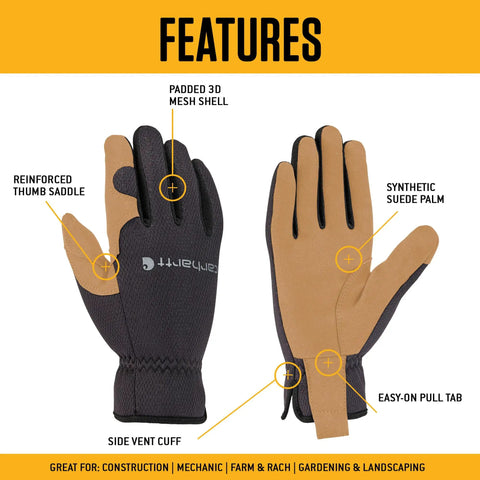 Men's High Dexterity Open Cuff Work Gloves Built For The Daily Hustle With Breathable 3D Mesh And Reinforced Palm For Solid Grip And Sweet All Day Comfort In Black Barley Large features highlighted including padded mesh shell and reinforced thumb.