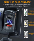4 Gang IP68 Waterproof Rocker Switch Panel For Boats And RVs With DC 12-24V LED Digital Voltmeter And Dual USB QC 3.0 Type C Fast Charging Prewired Toggle Panel For Cars Marine Trucks Blue close-up of QC3.0 and Type-C ports