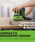 Using Cordless 24V Quarter Sheet Sander with 2Ah Battery and Charger on wooden surface, lightweight 2.3 lb, low vibration design.