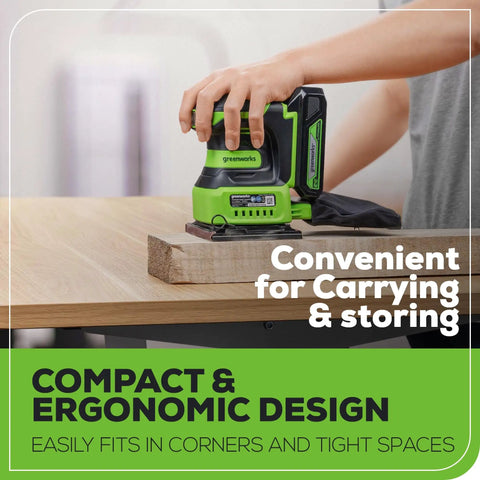 Using Cordless 24V Quarter Sheet Sander with 2Ah Battery and Charger on wooden surface, lightweight 2.3 lb, low vibration design.