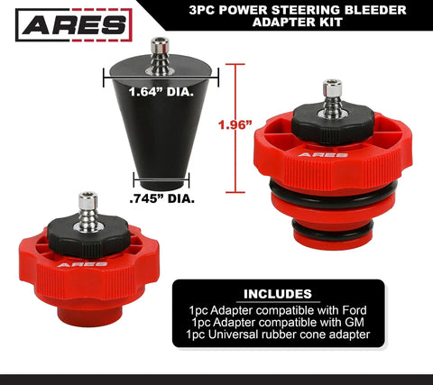 Three Piece Power Steering Adapter Kit For Manual Vacuum Pumps Purge Air From The Power Steering System On Most Vehicles shown with dimensions.