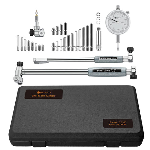 Neoteck dial bore gauge set with 0.7–6 in range and 23-piece anvil kit in carrying case