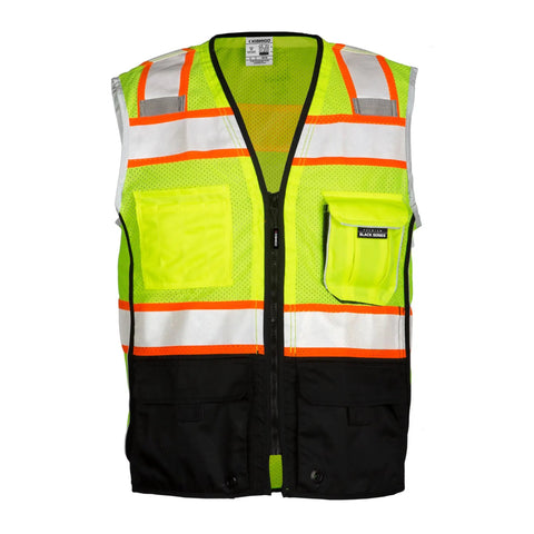 Mens High Visibility Reflective Safety Vest Premium Black Bottom Zipper Ansi Class 2 Construction Utility Workwear Lime Green Large front view