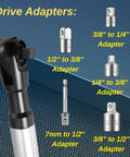 Right Angle Offset Extension Wrench Set For Tight Spots With Socket Adapters For Drills And Impact Wrenches, Ratchets And Manual Tools, Automotive Repair Kit That Reaches Behind Engines, Plumbing And Machinery shown with various drive adapters.