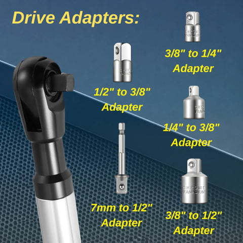 Right Angle Offset Extension Wrench Set For Tight Spots With Socket Adapters For Drills And Impact Wrenches, Ratchets And Manual Tools, Automotive Repair Kit That Reaches Behind Engines, Plumbing And Machinery shown with various drive adapters.