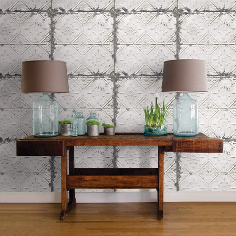 Vintage Tin Tile Peel And Stick Wallpaper For Easy DIY Makeover That Slays, Repositionable And Removable, featuring table and lamps