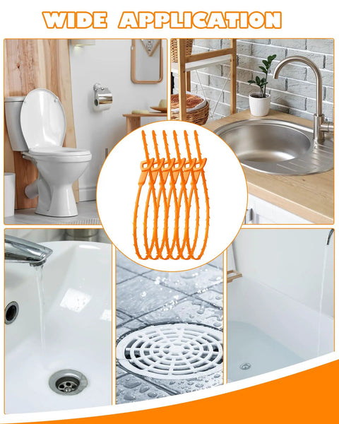 Six Pack 25 Inch Sink Drain Snake Tool Set For Quick Unclogging Hair Clog Remover Plumbers Snake Drain Cleaner Sticks For Kitchen Sink Shower And Tub Drains, orange six-pack drain snakes for toilet, sink, shower and tub