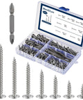 Phillips Truss Head Wood Screws Stainless Steel 410 Self Tapping Pro Grade Assortment Kit With Multiple Lengths From Half Inch To Two Inches For Woodworking Furniture DIY Projects in a clear plastic case with compartments.