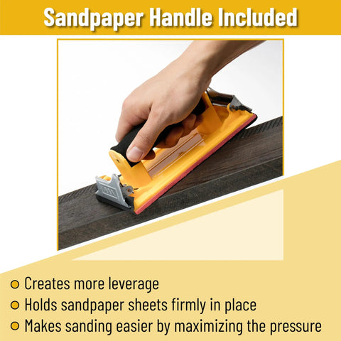 Hand using sandpaper handle on wood, Pro Grade Sandpaper Set With Handle, 36 Sheets, 12 Grits Waterproof Silicon Carbide For Wet And Dry Sanding