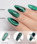 Cat Eye Gel Nail Polish Set With Magnetic 3D Glitter Effect, showing green wide and curve cat eye designs on nails.