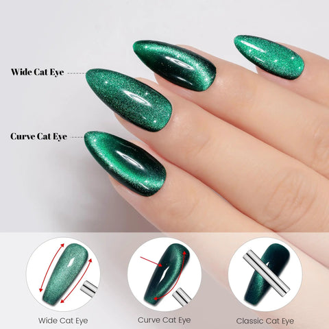 Cat Eye Gel Nail Polish Set With Magnetic 3D Glitter Effect, showing green wide and curve cat eye designs on nails.