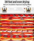 Straight Up Seriously Even Drying Stainless Steel Food Dehydrator With 8 Roomy Trays displaying sliced tomatoes and fruits.