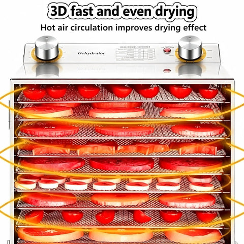 Straight Up Seriously Even Drying Stainless Steel Food Dehydrator With 8 Roomy Trays displaying sliced tomatoes and fruits.