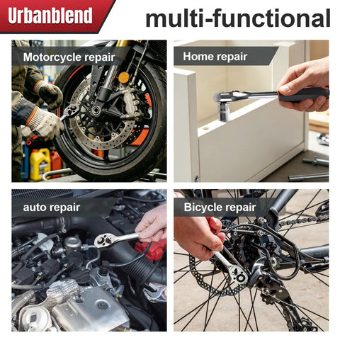 46 Piece Driver Sleeve Kit For One Quarter Inch Ratchet Wrench Set With Sockets Hex Sockets Driver Bits Extensions And Magnetic Tray For Easy Home DIY Repairs Must Have For Quick Fixes displayed in various repair scenarios.