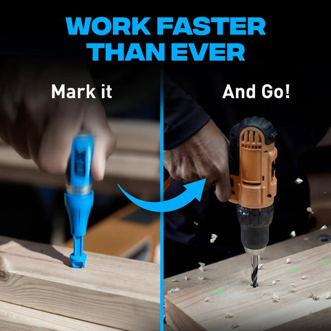 Long Reach Heavy Duty Chalk Powder Shot Marker With Vivid Green Dust for marking drill points on wood before drilling.