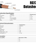 RG174 datasheet showing electrical characteristics and construction specifications for 18 Foot SMA Extension Cable.