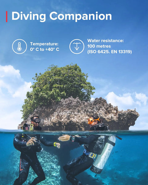 Two divers underwater checking D5 Wrist Dive Computer With USB Cable Black, 100m Water Resistant near coral reef.