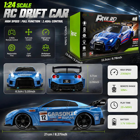 1:24 RC Drift Car With LED Lights 2.4GHz Remote Control Thrilling Speed Up To 23 Kilometers Per Hour Adjustable Pace Four Wheel