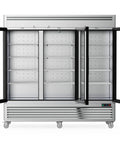 Workhorse Commercial Upright Freezer 72 Cubic Feet Stainless Steel Reach In Display Cabinet with three glass doors open and adjustable shelves.