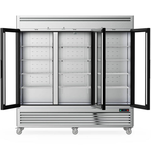Workhorse Commercial Upright Freezer 72 Cubic Feet Stainless Steel Reach In Display Cabinet with three glass doors open and adjustable shelves.