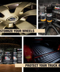 Car wheel with Duplicolor products, showcasing customization and truck bed protection options.