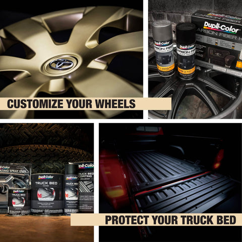 Car wheel with Duplicolor products, showcasing customization and truck bed protection options.