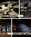Collage showing customized car wheel with Dupli-Color spray cans and truck bed liner products on display.
