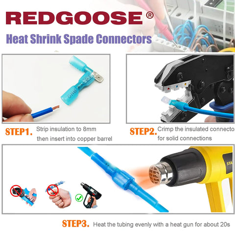 100Pcs Heat Shrink Spade Connectors 1/4 Inch 22-10 Gauge Male And Female Insulated Waterproof Quick Disconnect Wire Crimp Terminals Assortment Kit For Marine Auto Wiring Projects Ready To Roll installation steps with hand tool and heat gun.