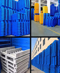 Rock Solid Heavy Duty Steel Forklift Pallets With Grid Platform built tough, stacked in blue and yellow, ideal for industrial storage.