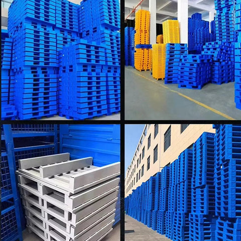 Rock Solid Heavy Duty Steel Forklift Pallets With Grid Platform built tough, stacked in blue and yellow, ideal for industrial storage.