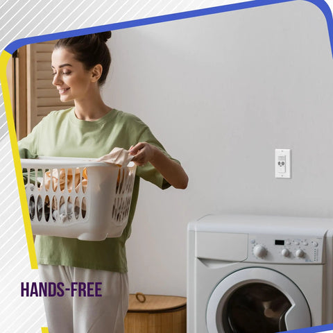 Woman using Dual Technology Motion Sensor Light Switch MWOSW with PIR and Ultrasonic Sensing, installed near laundry area