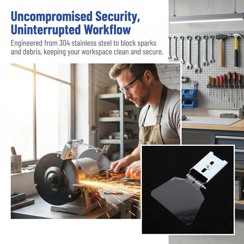 WRITWAA 2-Pack Industrial Bench Grinder Eye Shield Guard blocking sparks on a bench grinder, made of stainless steel for durability.