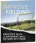 Fielding Trainer For Baseball And Softball With Rebound Net, Grounders, Line Drives And Fly Balls Return Settings, Four By Four Point Five Foot Steel Frame, UV And Weather Resistant Net, Easy Fold Design For Serious Pro Grade Infield Practice displayed in a field with a player.