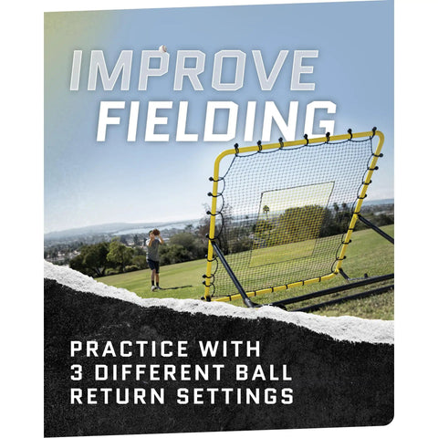 Fielding Trainer For Baseball And Softball With Rebound Net, Grounders, Line Drives And Fly Balls Return Settings, Four By Four Point Five Foot Steel Frame, UV And Weather Resistant Net, Easy Fold Design For Serious Pro Grade Infield Practice displayed in a field with a player.
