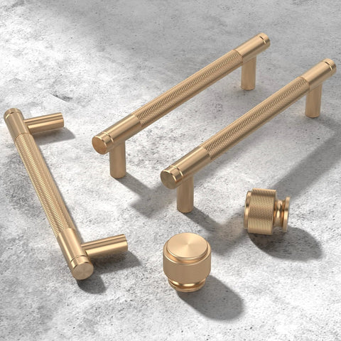 Champagne Bronze Knurled Kitchen Cabinet Pull Handles Set Of 10 For Cupboards And Drawers, 5 Inch Center, Zinc Construction