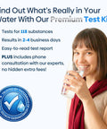 Woman smiling while drinking water, promoting No Sweat Home Water Test Kit That Screens 118 Contaminants Like Heavy Metals Lead And Nitrates With Prepaid Mailing Box And Certified Lab Analysis For Rock Solid Tap Or Well Safety.