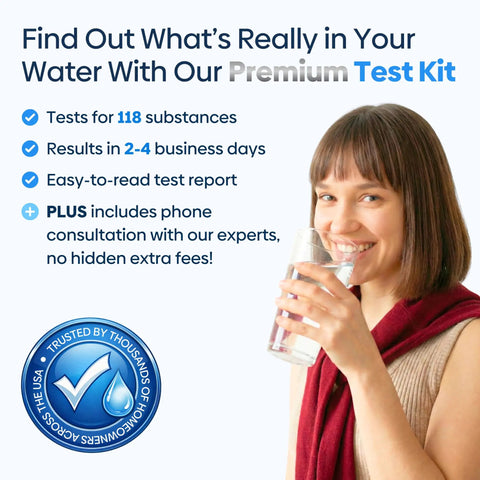 Woman smiling while drinking water, promoting No Sweat Home Water Test Kit That Screens 118 Contaminants Like Heavy Metals Lead And Nitrates With Prepaid Mailing Box And Certified Lab Analysis For Rock Solid Tap Or Well Safety.