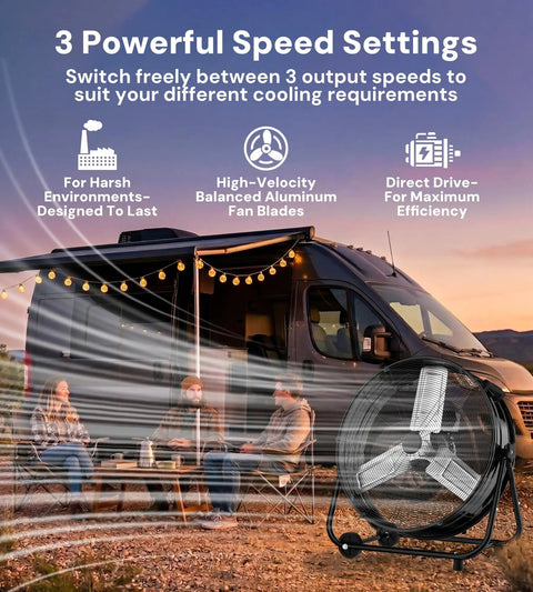 36 Inch High Velocity Industrial Floor Fan With Metal Construction For Garage Shop Or Warehouse Ventilation, Heavy Duty Drum Fan, 3 Speed Settings, 360 Degree Tilt, Casters, Black shown beside van with people camping.