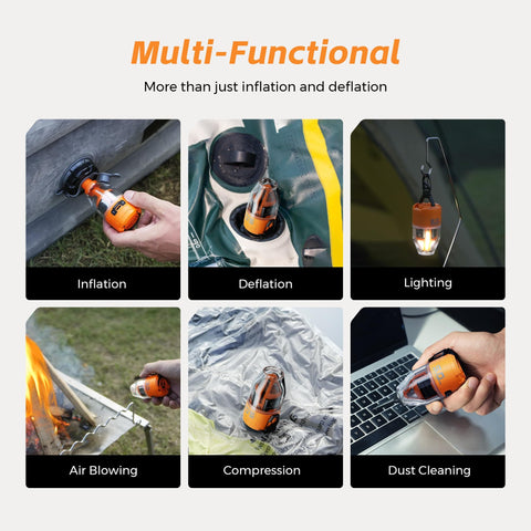 Collage of Go-To Air Pump For Inflatables Max Pump 3 showcasing its multifunctional use in various situations.