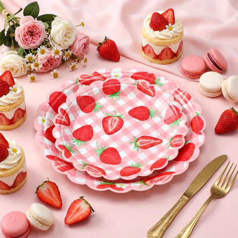 Totally Dope Pink Plaid Strawberry Print Disposable Paper Plates 60 Pack With 9 And 7 Inch Sizes on a dessert table.