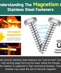 Infographic on magnetism of stainless steel fasteners showing two screws, magnetic waves, and temperature effects with descriptions.