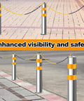 Rock Solid 4 Pack Stainless Steel Parking Bollards With Heavy Duty Barrier Chains Hella Tough For Outdoor Security Posts Driveway Protection And Garage Entry on pavement for enhanced visibility.