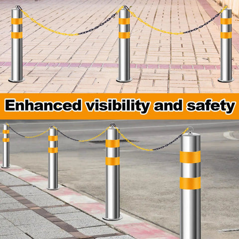 Rock Solid 4 Pack Stainless Steel Parking Bollards With Heavy Duty Barrier Chains Hella Tough For Outdoor Security Posts Driveway Protection And Garage Entry on pavement for enhanced visibility.