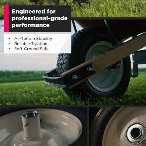 Heavy Duty Wheelbarrow Wheel Replacement 16 Inch XHD 4Ply Tire with 6 Inch Steel Hub and Grease Fitting Turf Wheel in use